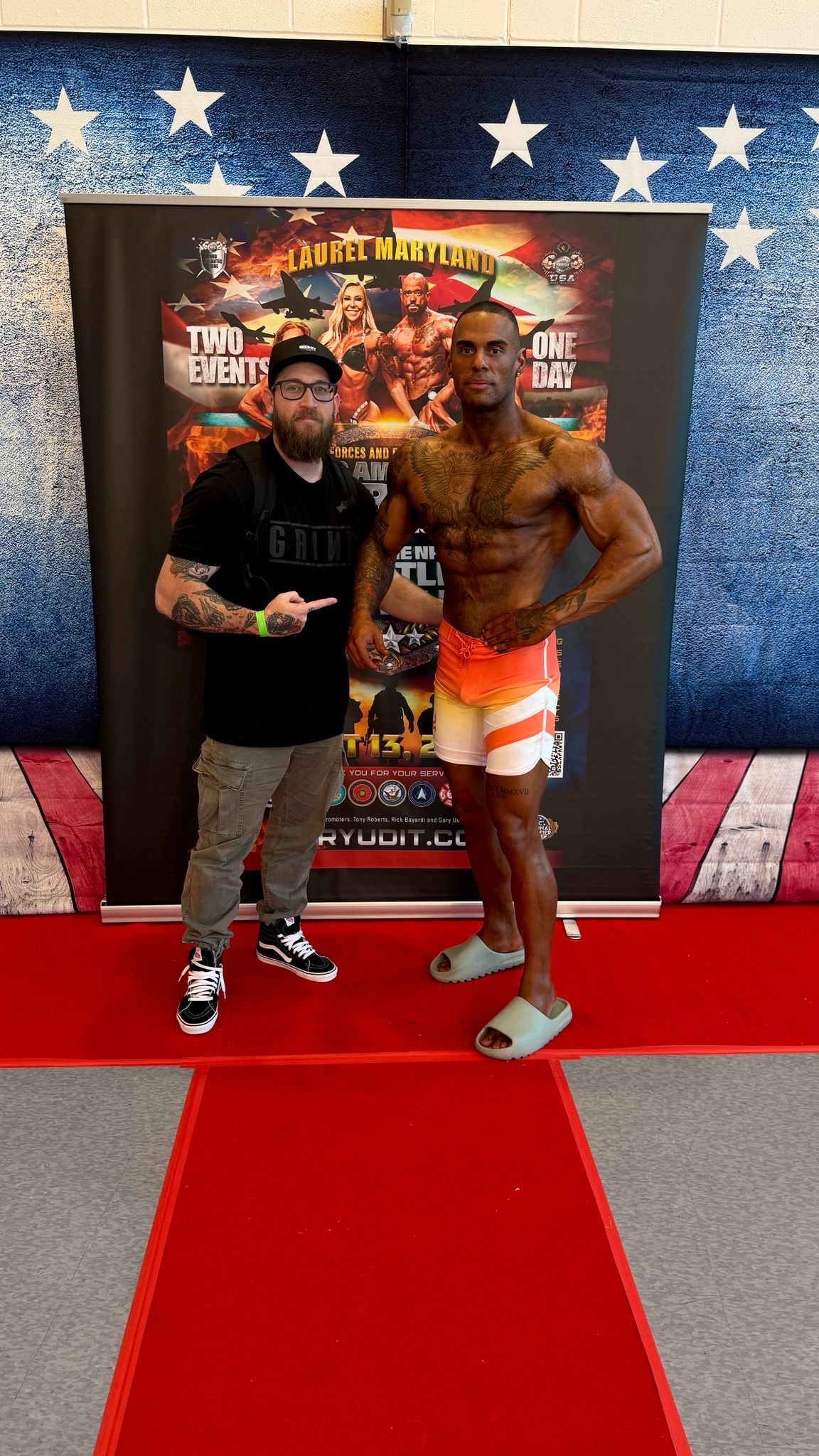 Backstage — side pose, arm flex